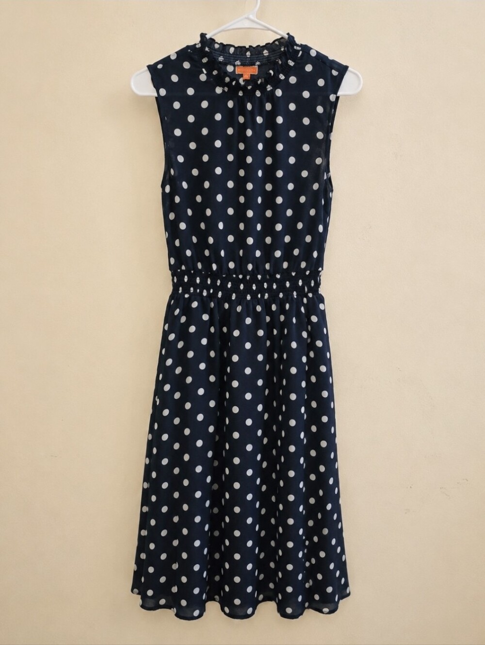 ModCloth Polka Dot Midi Dress Women's Medium Navy White Fit Flare Retro Pockets